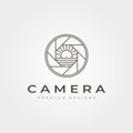 Line art camera lens log with ocean sunburst view vector illustration design