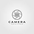 Line art camera lens logo with pines symbol vector minimalist illustration design Royalty Free Stock Photo