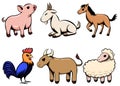 Line art cartoon vector images of various farm animal There are pigs goats horses chickens cows and sheep Royalty Free Stock Photo