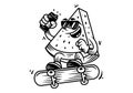 Line art character of watermelon jumping on the skateboard. Holding a beer can