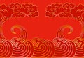 Line art chinese poster gold template on red backdrop. Elements waves and cloud on red background for decoration design. Happy Royalty Free Stock Photo