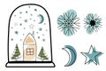 Line art Christmas house in the glass and snowfalls illustration set, vector Christmas decoration clipart