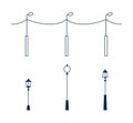 Line art city and outdoor lighting elements. Urban town objects. Outline street lamps, lamppost and garden lighting
