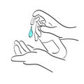 Line art closeup hand using alcohol wash gel for cleaning sanitize gel pump dispenser illustration vector hand drawn isolated on