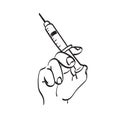 Line art closeup hand using syringe illustration vector hand drawn isolated on white background Royalty Free Stock Photo