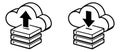 Line art cloud storage icons set featuring data upload and download arrows with server stacks for modern technology and Royalty Free Stock Photo