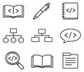Line art coding icon set featuring programming books, charts, and tools for web development Royalty Free Stock Photo