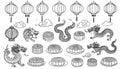 Line art collection of Chinese lanterns, dragons, and mooncakes Royalty Free Stock Photo