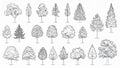 Line art collection of various tree illustrations for design elements and backgrounds Royalty Free Stock Photo
