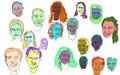 line art, colorful sketches of several adult male and female human faces on a white background