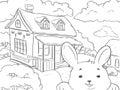 Line-art. Coloring page Landscape House Winter with rabbit