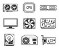Line art computer hardware set featuring cpu, graphics card, monitor, and hard drive for technology concepts Royalty Free Stock Photo