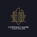 Line art construction logo design, outline building construction with golden monogram, can be used as symbols, brand identity, Royalty Free Stock Photo