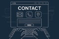 Line art contact form on computer screen with hands typing Royalty Free Stock Photo