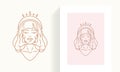 Line art contour portrait woman goddess in crown tiara touching face skin icon postcard border
