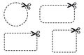 Line art coupon borders set featuring dashed lines and scissors in various shapes for promotional offers and labels Royalty Free Stock Photo
