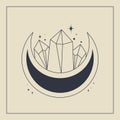 Line art crystal, magical healing concept with moon esoteric elements.