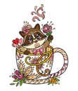 Colored kawaii cute racoon in a cup