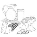 Line art dairy products and bread Royalty Free Stock Photo