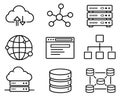 Line art data and networking icons set featuring cloud storage, server racks, databases, and network structures for Royalty Free Stock Photo