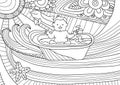 Line art design for coloring book fro adult. Smiling baby takes a bath