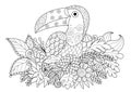 Line art design of Toucan bird sitting on branch for adult coloring book page.Black and white illustration