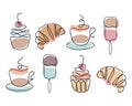 Line art dessert, set of croissants, muffins, ice cream and coffee, black outline with abstract spots. Print, icons