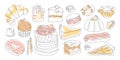 Line art desserts. Tasty pastry. Croissant, cake, cookie, pie, eclair, doughnut, candy, bread sticks, brownie, cupcake