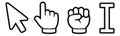 Line art digital pointer icons set featuring an arrow, pointing finger, fist, and I-beam for user interface design Royalty Free Stock Photo