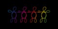 Line art diversity, LGBTQ concept. A group of four different people drawn with one line, rainbow colors on black. Royalty Free Stock Photo