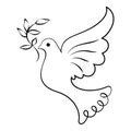 Line art, dove with twig, bird of peace. Black and white illustration vector