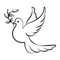 Line art, dove with twig, bird of peace. Black and white illustration vector Royalty Free Stock Photo