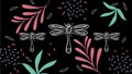 Line art dragonfly floral black background