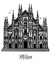Line art drawing of the Milan cathedral, Italy, architecture tourism landmark, travel destination illustration Royalty Free Stock Photo