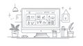 E-commerce interface on computer screen, online shopping, digital marketplace icons, line art Royalty Free Stock Photo