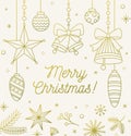 Line art festive Christmas greeting card. Outline postcard for winter holidays. Monochrome contour golden decorative