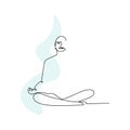 Line art figure of a man doing meditation, light linear sketch against the background of a gentle blue elongated spot