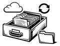 Line art file management icon set featuring a file drawer, folders, cloud, and sync arrow for information organization Royalty Free Stock Photo