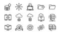 Line art flat design cloud computing icon set showing upload download database sync arrows on desktop and mobile minimal Royalty Free Stock Photo