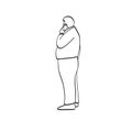 Line art full length side view of fat man using smartphone illustration vector hand drawn isolated on white background