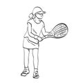 Line art full length of young sport girl playing tennis illustration vector hand drawn isolated on white background Royalty Free Stock Photo