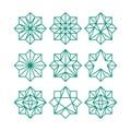 Line art geometric abstract star icon collection. Green color octagonal outline contour stars. Vector polygonal