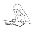 Line art girl reading big book on table illustration vector isolated on white background Royalty Free Stock Photo