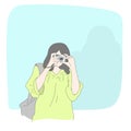 line art half length of woman taking photo with her compact camera isolated on blue background illustration vector hand drawn