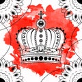Line art hand drawing black crown isolated on white background with red watercolor blots. Dudling style. Tatoo. Zenart Royalty Free Stock Photo