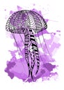 Line art hand drawing black jellyfish isolated on white background with violet watercolor blots. Doodle style.