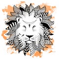 Line art hand drawing black lion isolated on white background with orange watercolor blots. Doodle style. Tattoo. Zenart Royalty Free Stock Photo