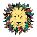 Line art hand drawing black lion isolated on white background painted multicolored with a black outline. Doodle style Royalty Free Stock Photo