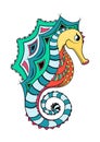 Line art hand drawing black sea horse on white background painted multicolored with a black outline. Doodle