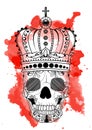 Line art hand drawing black skull with crown on had isolated on white background with red watercolor blots. Dudling Royalty Free Stock Photo